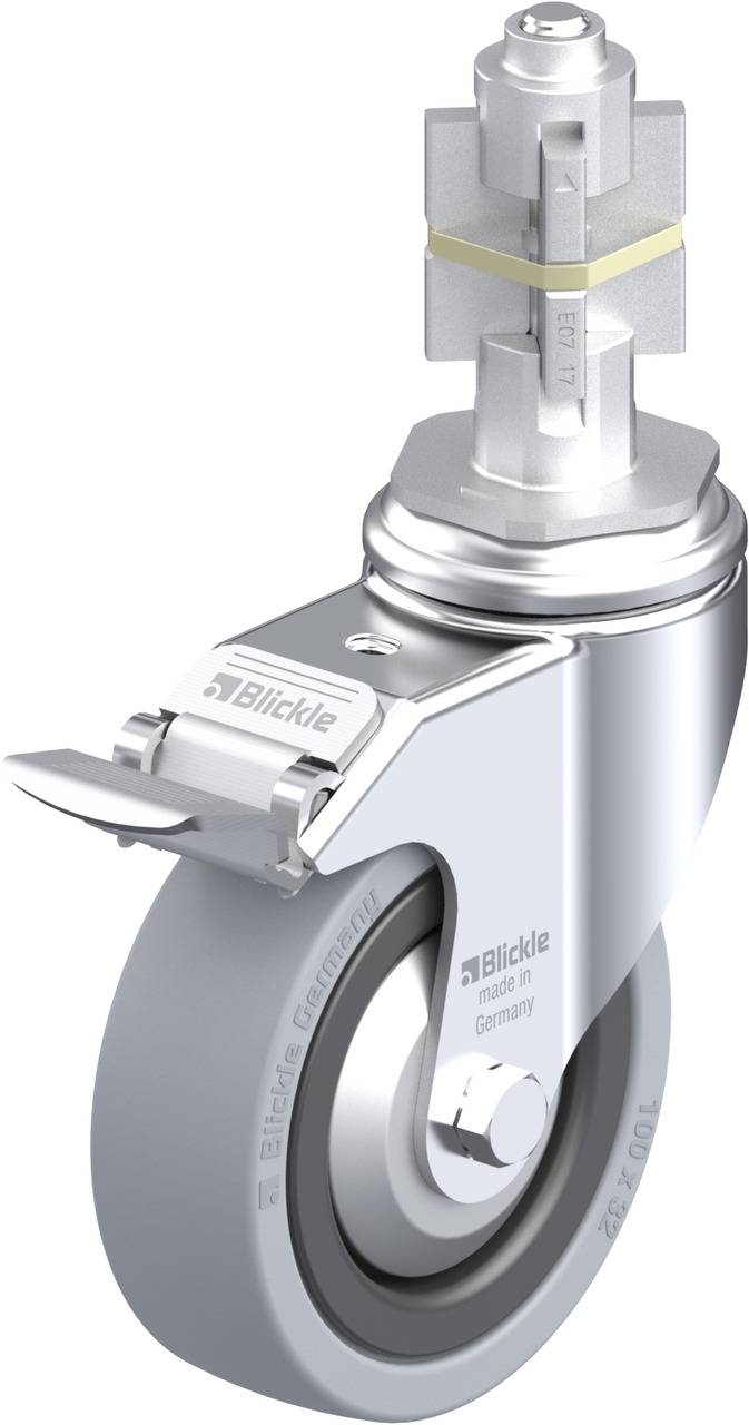Schwenkrolle aus Metall mit grauem Rad, ausgestattet mit einem Befestigungszapfen und einem Bremssystem. Hersteller: Blickle.
