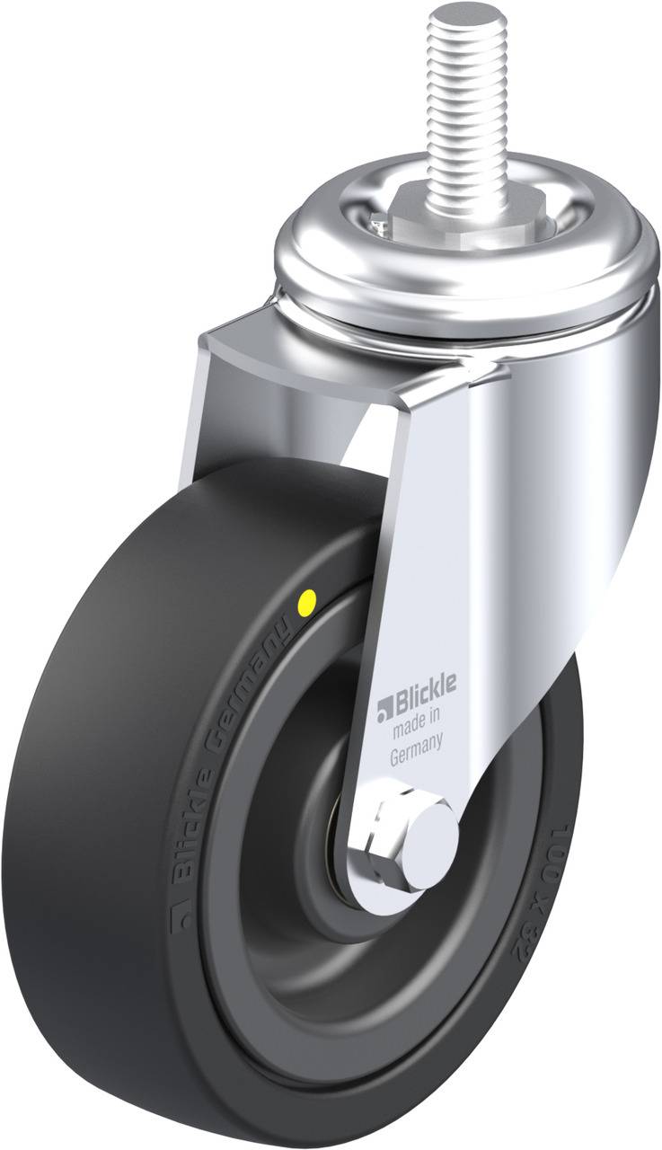 Schwenkrolle mit schwarzem Rad und silbernem Gehäuse, geeignet für den Transport von Möbeln oder Geräten. Markenname 'Blickle' sichtbar.