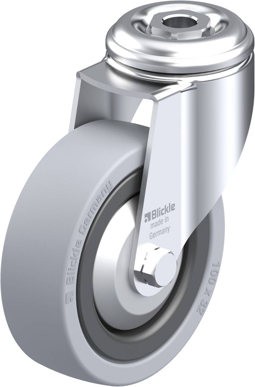Ein einzelnes graues Rad mit Metallhalterung, seitlich an Ansicht eines Lenkrollenteils. 'Blickle made in Germany' auf der Metallhalterung eingraviert.