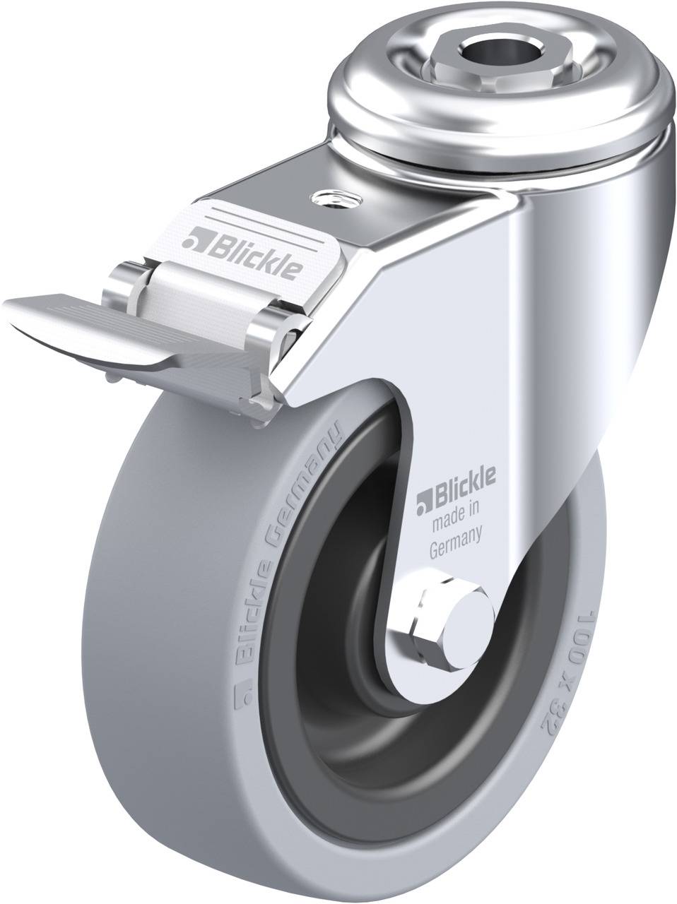 Ein silbernes Lenkrollenrad mit einem Gehäuse aus Metall, auf dem 'Blickle made in Germany' steht. Geeignet für industrielle Anwendungen.