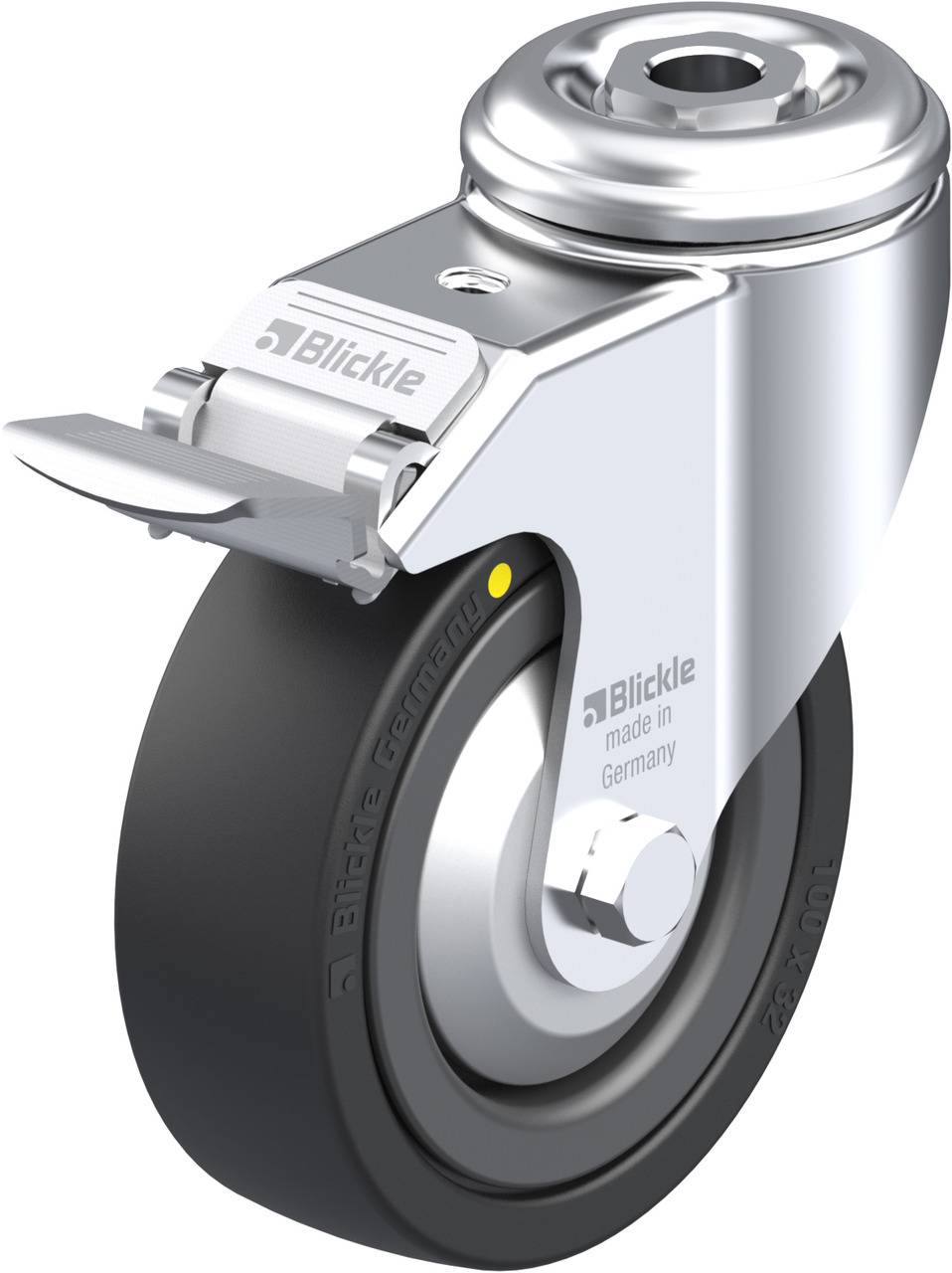 Ein glänzendes, drehbares Rad aus Metall und Gummi, hergestellt von 'Blickle'. Verwendet für industrielle Anwendungen.