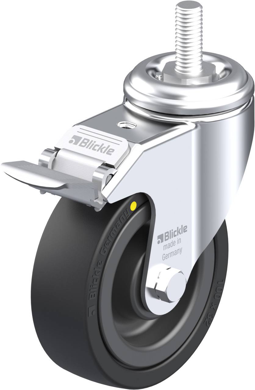 Hochbelastbares Rad mit schwarzer Gummilauffläche und silbernem Metallgehäuse, geeignet für industrielle Anwendungen. Markierung 'Blickle'.