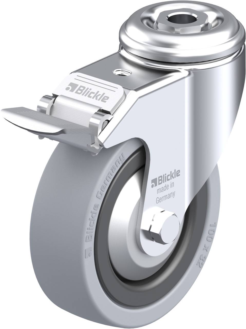 Ein silberfarbenes Lenkrolle mit Edelstahlgehäuse und grauem Rad, darauf das Logo 'Blickle' und der Schriftzug 'made in Germany'.
