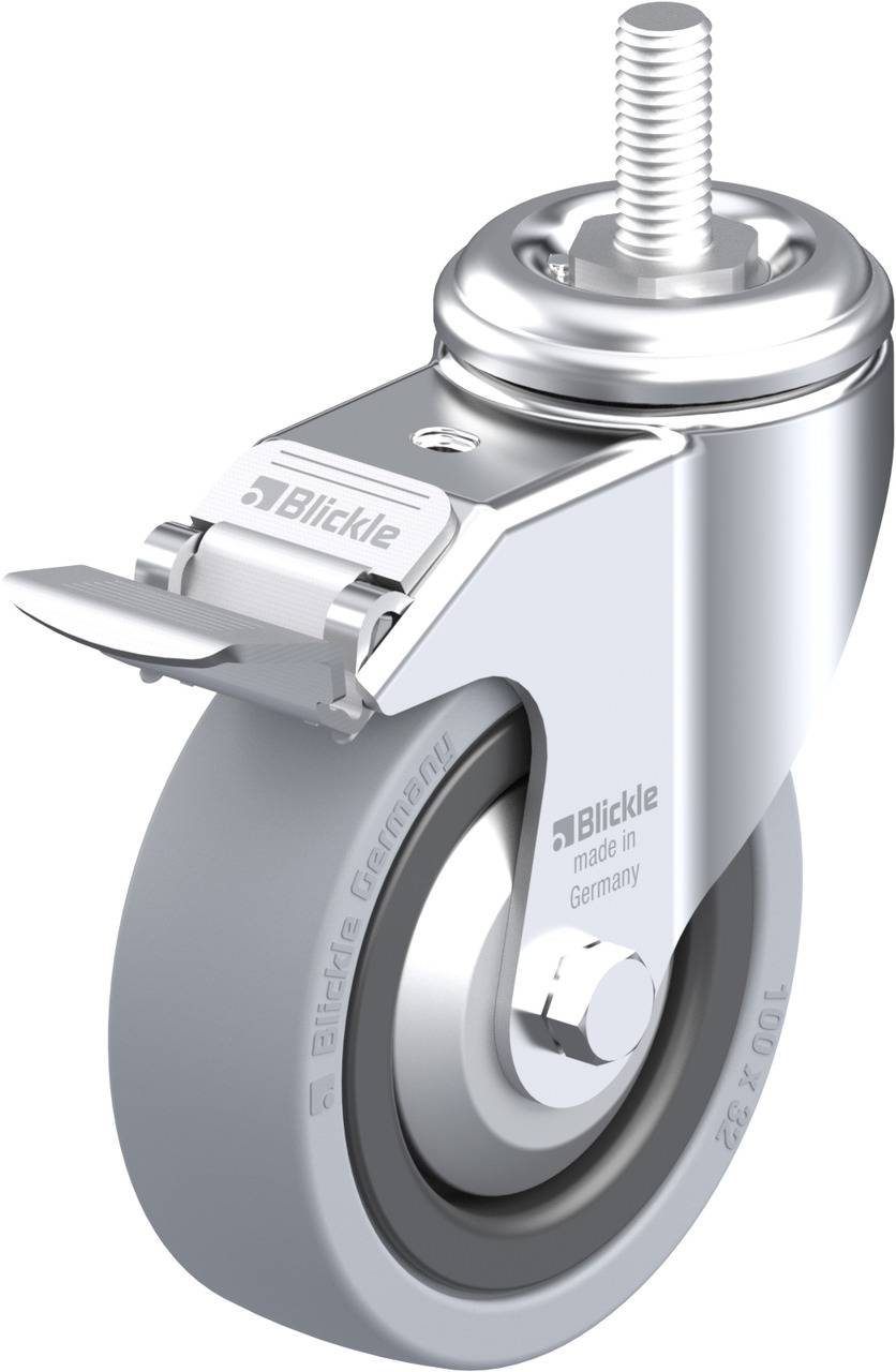 Schwenkrolle aus Metall mit grauem Rad und Bremse, Aufschrift 'Blickle made in Germany', geeignet für Möbel oder Transportgeräte.