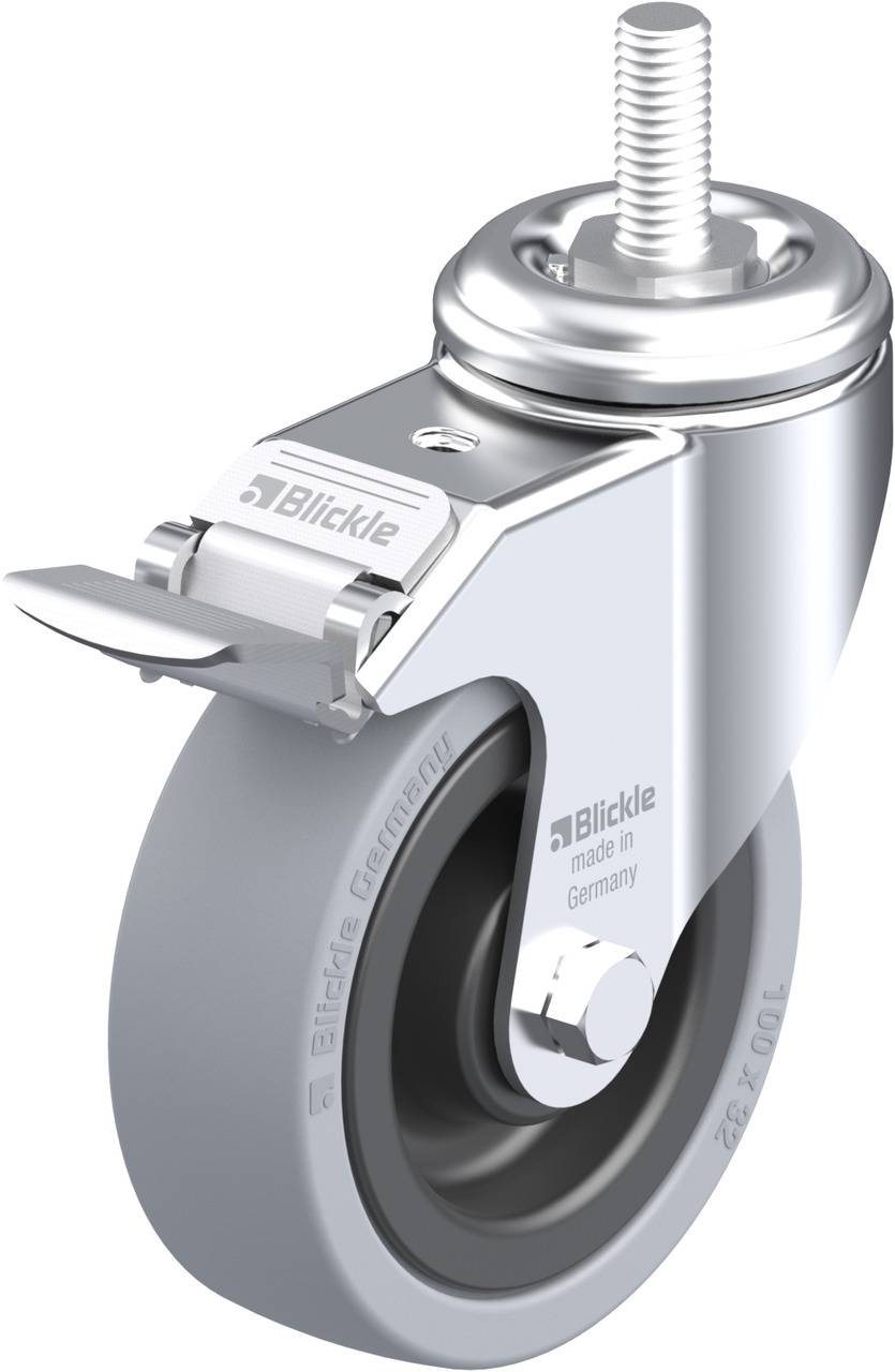 Ein silbernes Lenkrollenrad mit grauem Reifen und einem Metallgehäuse. Oben ist ein Gewindestift zur Befestigung angebracht.