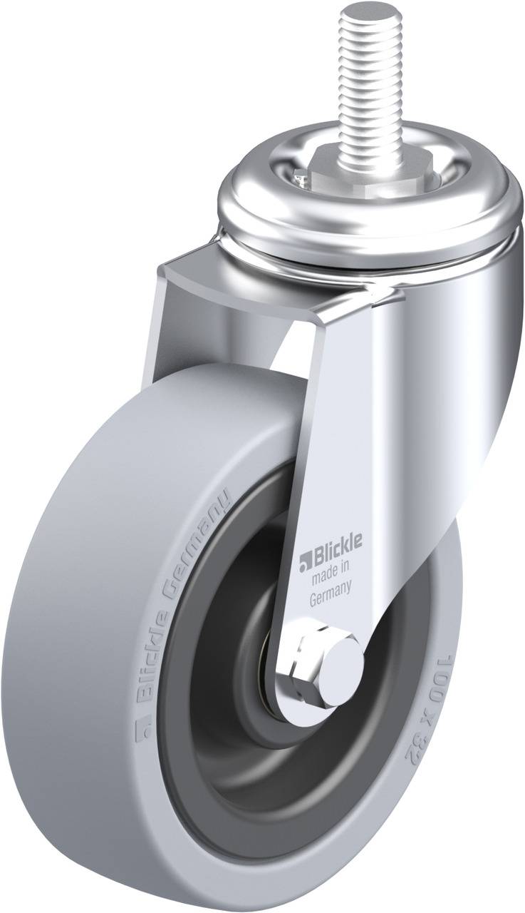 Lenkrolle mit grauem Rad, metallischem Halter und Gewindebolzen. Auf dem Halter steht 'Blickle made in Germany'.