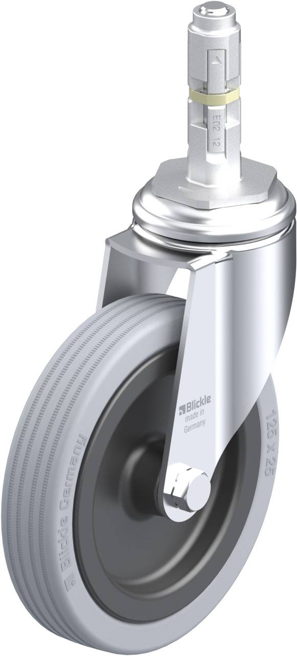 Hochbelastbares Rad mit Metallhalterung, grauem Reifen und drehbarem Stift oben, geeignet für Industrieanwendungen.