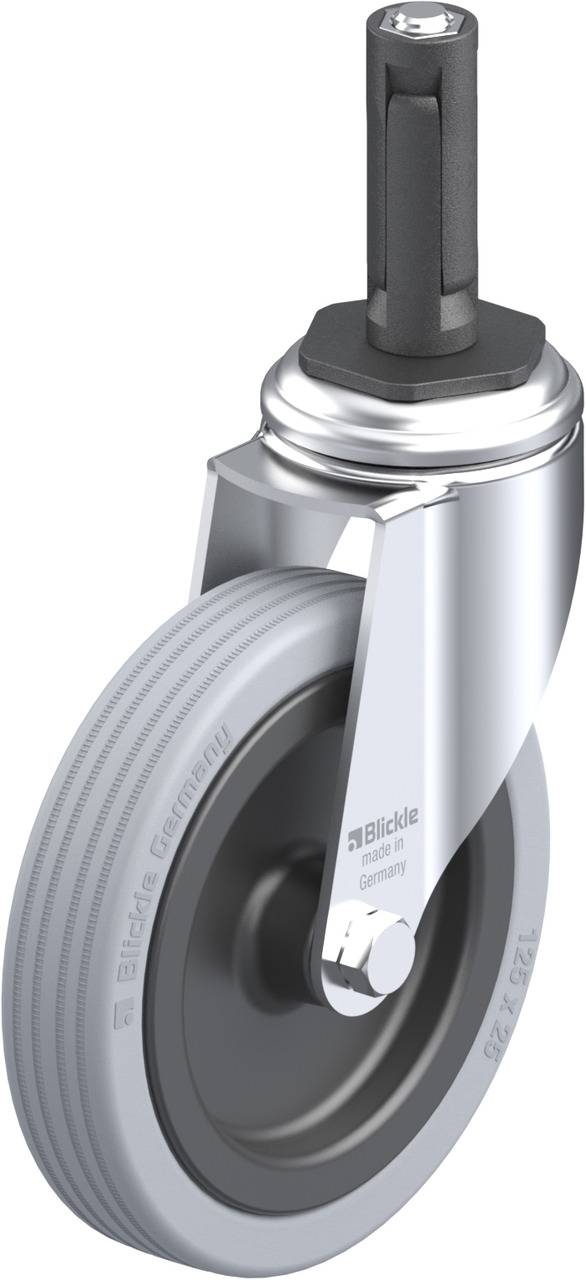 Eine einzelne graue Bockrolle mit Metallhalterung und schwarzem Dorn. Geeignet für Mobiliargehäuse.