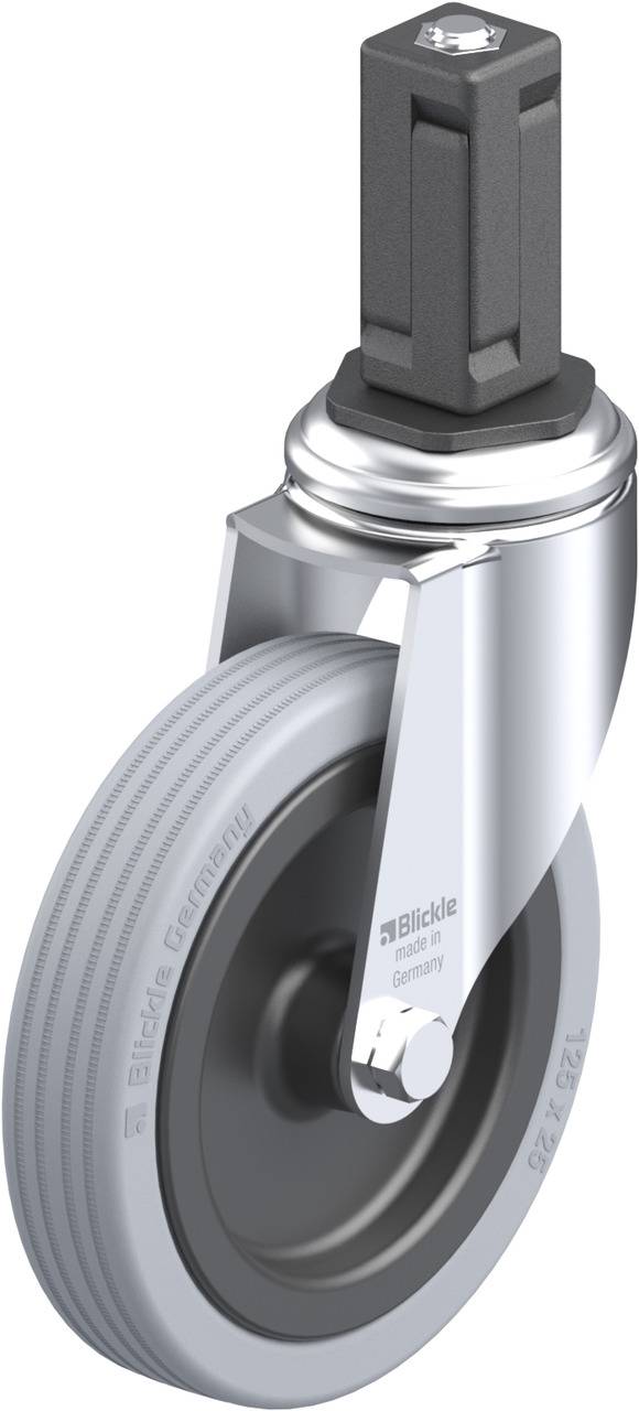 Graue Lenkrolle mit Plastikrad und Metallgehäuse, geeignet für schwere Lasten, mit Bockaufnahme zur Befestigung an Möbeln oder Geräten.