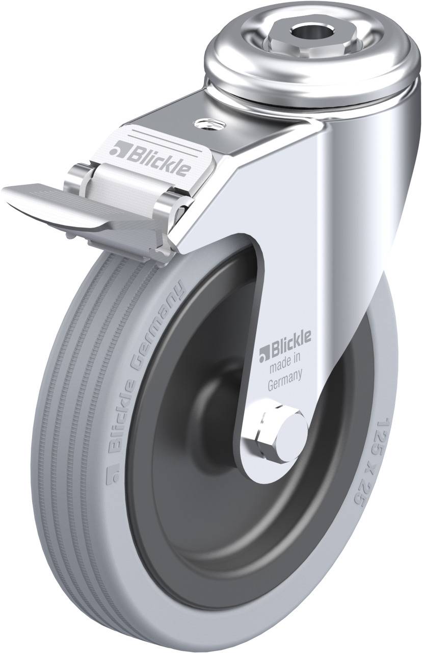 Schwenkrolle mit grauem Rad und silbernem Gehäuse, geeignet für den industriellen Einsatz. Aufschrift 'Blickle made in Germany'.
