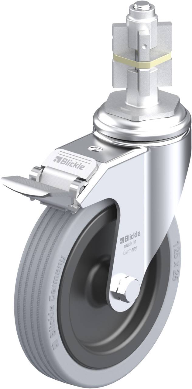 Laufrolle mit grauem Rad und Metallgehäuse, Seitenansicht. Geeignet für industrielle Anwendungen und Möbelmobilität.