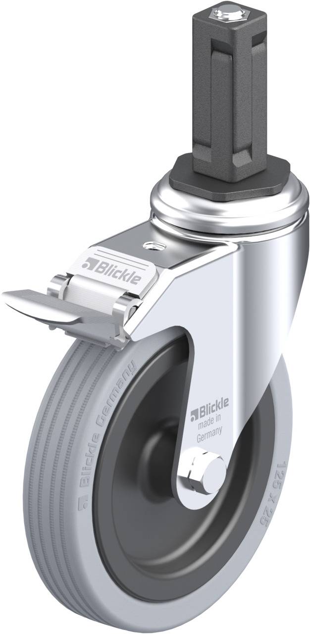 Rollenrad mit grauem Gummirad und Metallschwenkgabel, ausgestattet mit Feststellbremse; Marke 'Blickle' auf der Gabel sichtbar.