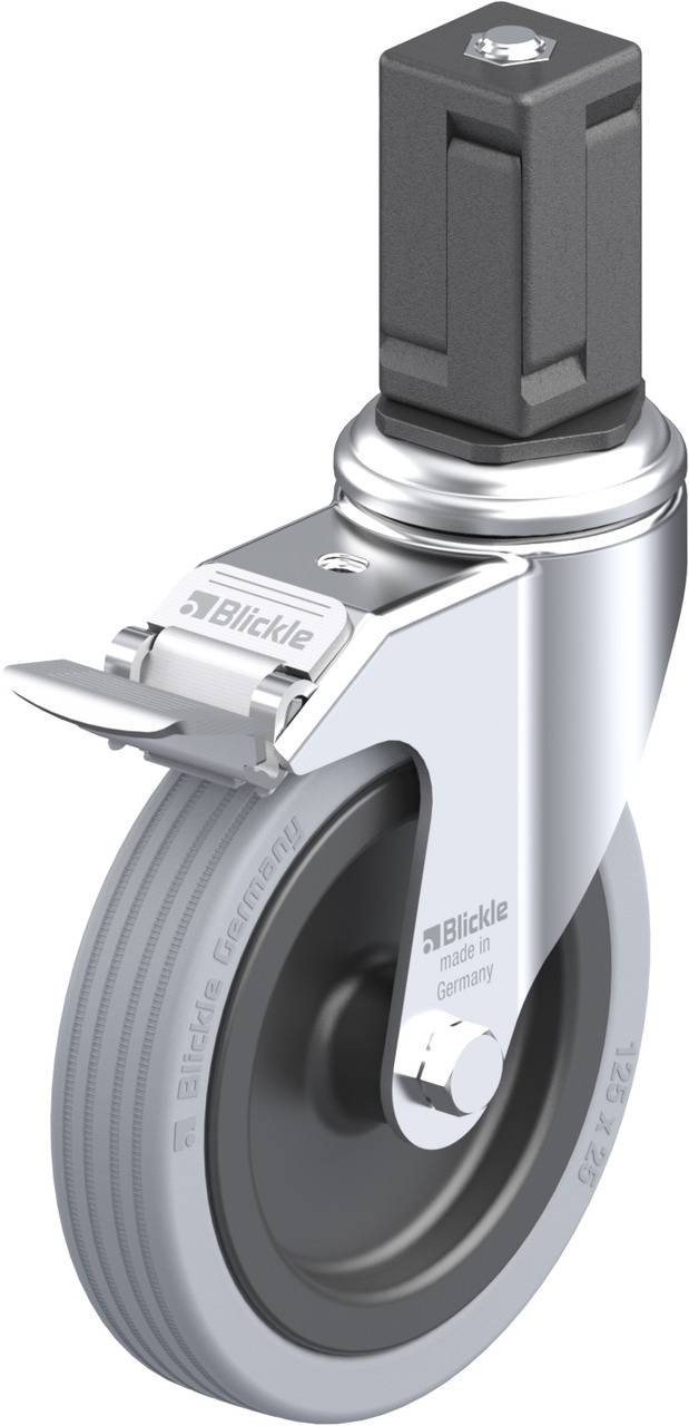 Schwenkrolle mit grauem Rad, silbernem Gehäuse und Feststeller. Aufschrift 'Blickle'.