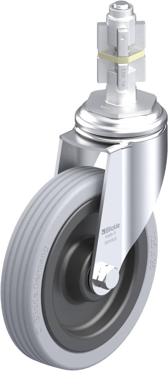 Industrie-Schwenkrolle mit grauem Rad und Metallgehäuse, oben eine Befestigungsvorrichtung zur Anbringung an Geräten oder Möbeln.