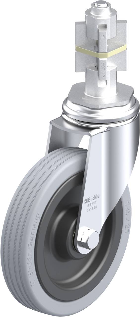 Metallrad mit grauem Gummireifen und Befestigungsbolzen. Verwendet für Transportkarren und schwere Lasten.