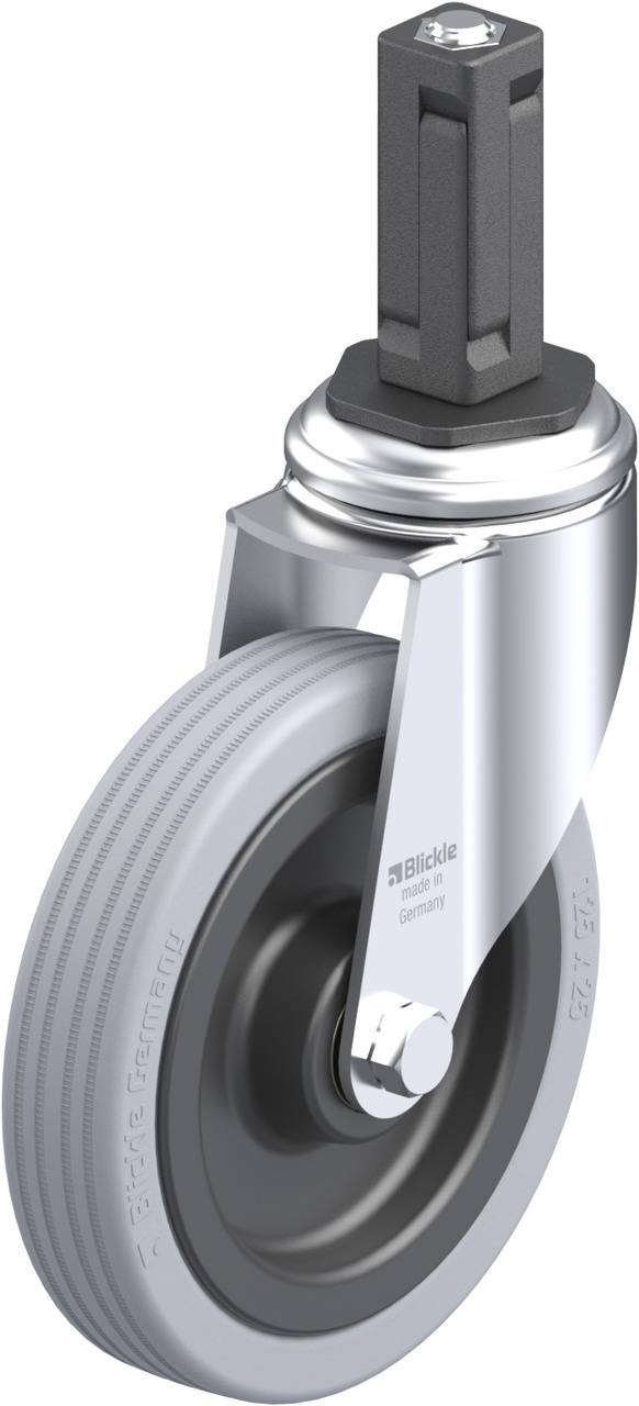 Industrierolle mit grauem Rad und silbernem Gehäuse. Verwendet für Möbel oder Geräte, die mobil sein müssen.