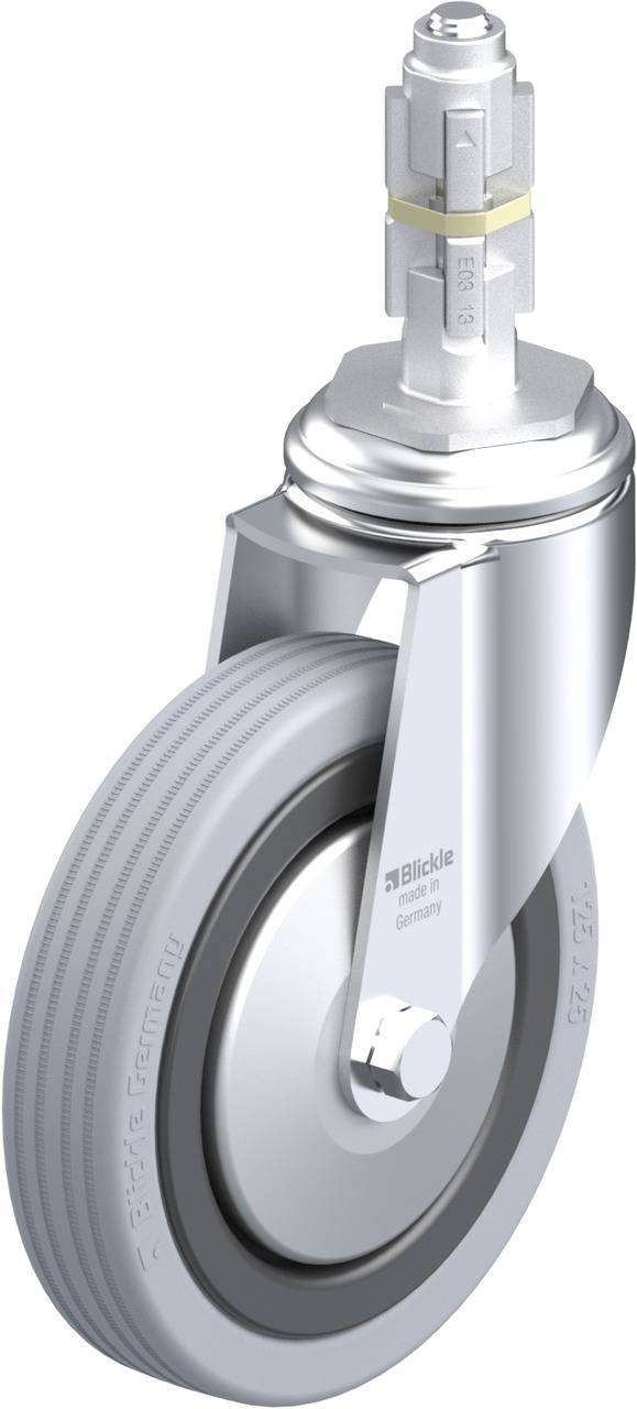Ein graues Schwenk- und Bockrollenrad mit Metallhalterung und breitem Gummireifen, geeignet für industrielle Anwendungen.