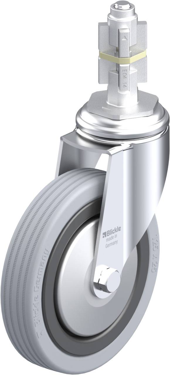 Ein graues Rad mit silberner Halterung und Befestigungsachse, geeignet für Transportgeräte und Möbel.