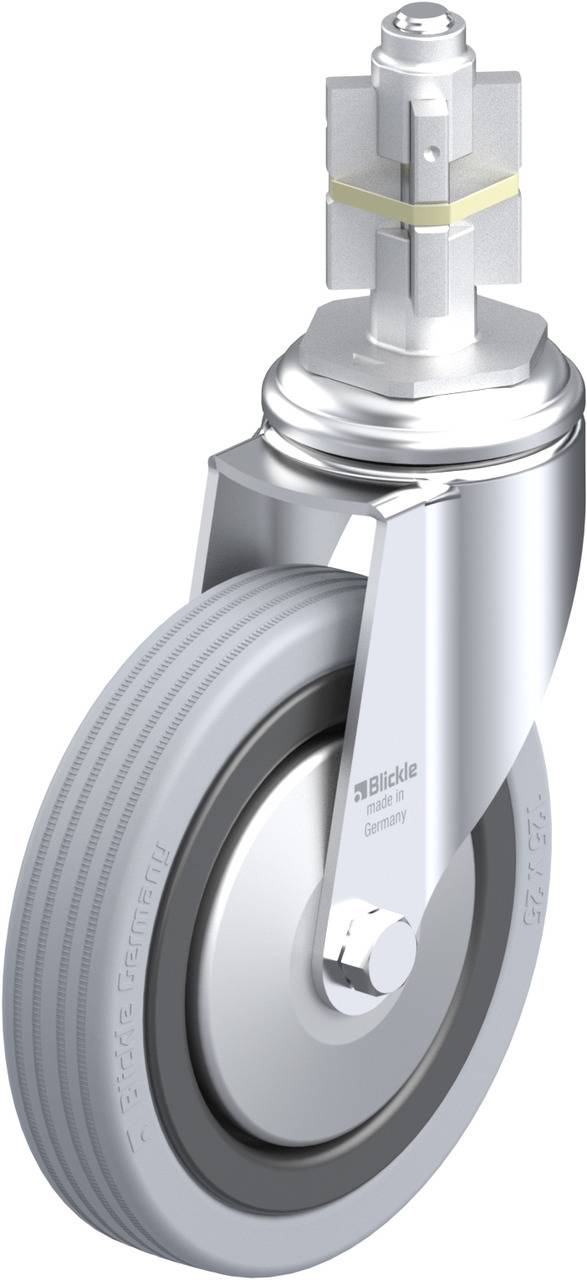 Lenkrolle aus Metall mit grauem Rad und zylindrischem Stift. Geeignet für Transportgeräte und Möbel, robust und langlebig.