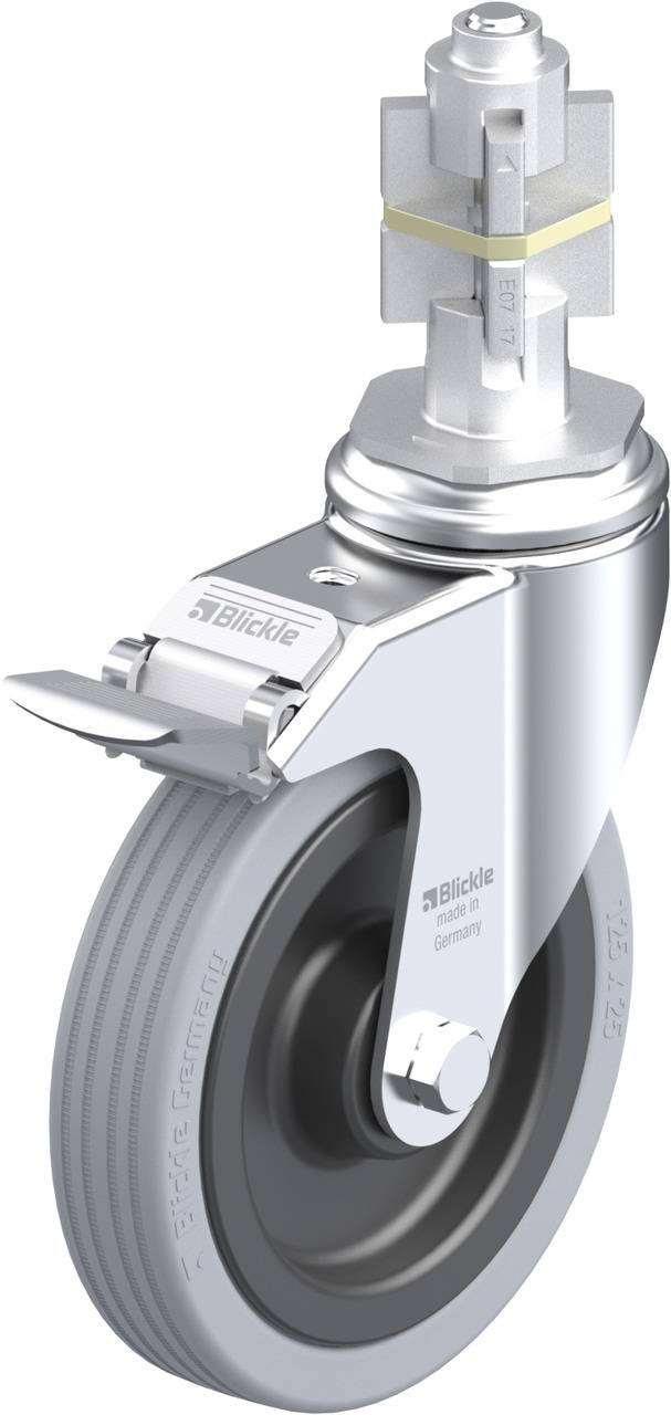 Produktfoto einer drehbaren Rolle aus Metall und Kunststoff mit schwarzem Reifen und Metallhalterung.
