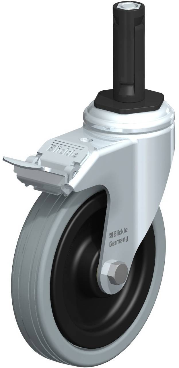 Industrie-Rad mit schwarzem Gummi, silbernem Metallgehäuse und schwarzer Befestigung, geeignet für Rollwagen oder Möbel.
