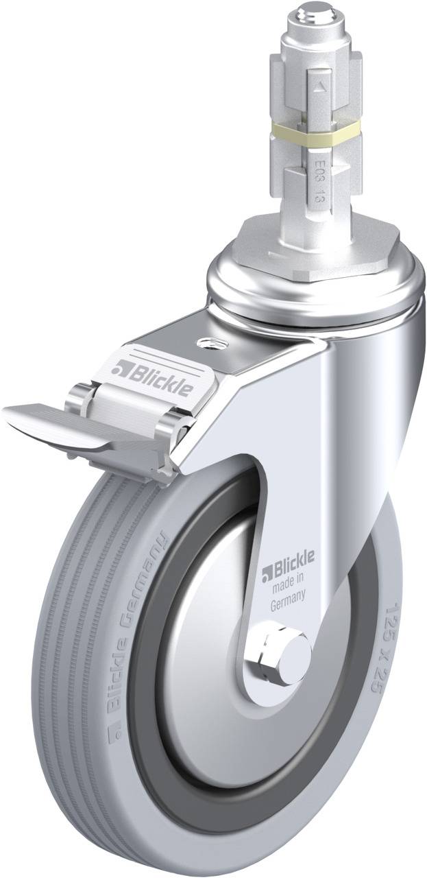 Silbernes Lenkrollenrad mit grauem Gummireifen, Metallgabel, Zweiradbremse und festem Anschlussstück.