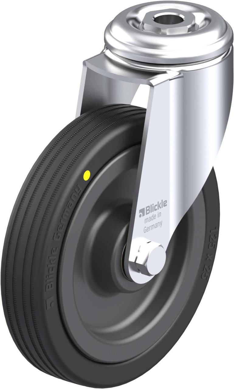 Schwenkrolle mit schwarzem Rad und silbernem Gehäuse, Aufschrift 'Blickle made in Germany', robustes Design für Industrieanwendungen.