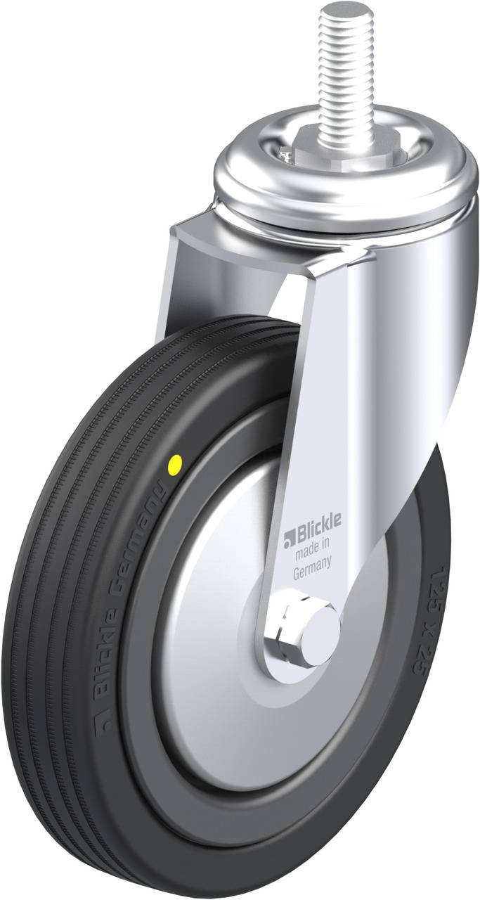 Industrie-Rollenrad mit schwarzem Gummireifen, silbernem Gehäuse und sichtbarer Befestigungsschraube, geeignet für Möbel oder Geräte.