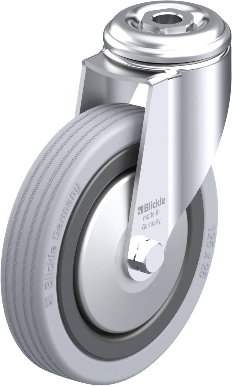 Ein graues Rad mit Metallhalterung; darauf der Schriftzug 'Blickle made in Germany'. Entworfen für industrielle oder logistische Anwendungen.