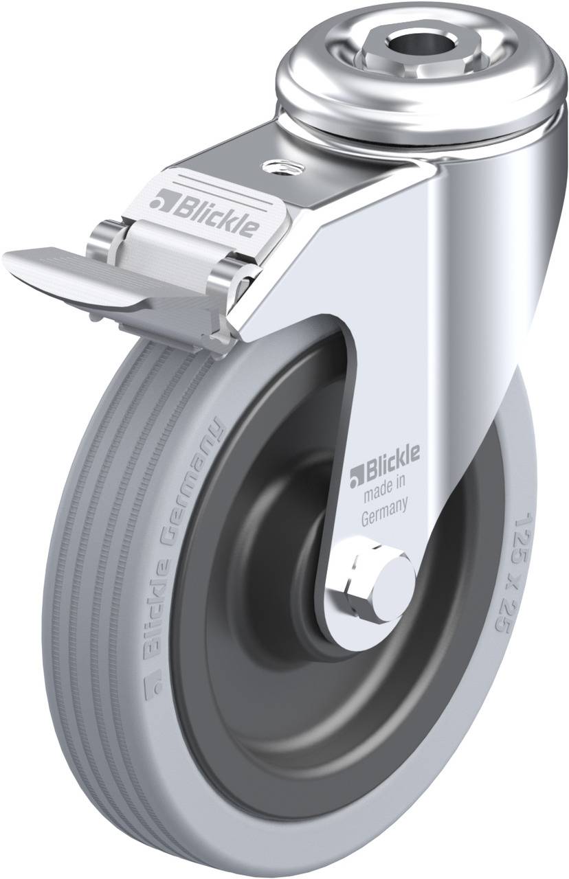 Schwenkrolle aus Metall mit grauem Gummirad, Aufschrift 'Blickle' und 'made in Germany'. Gepolsterter Rollenschutz oben am Gehäuse.