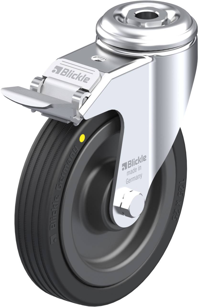 Lenkrolle mit schwarzem Rad und glänzendem Metallgehäuse.