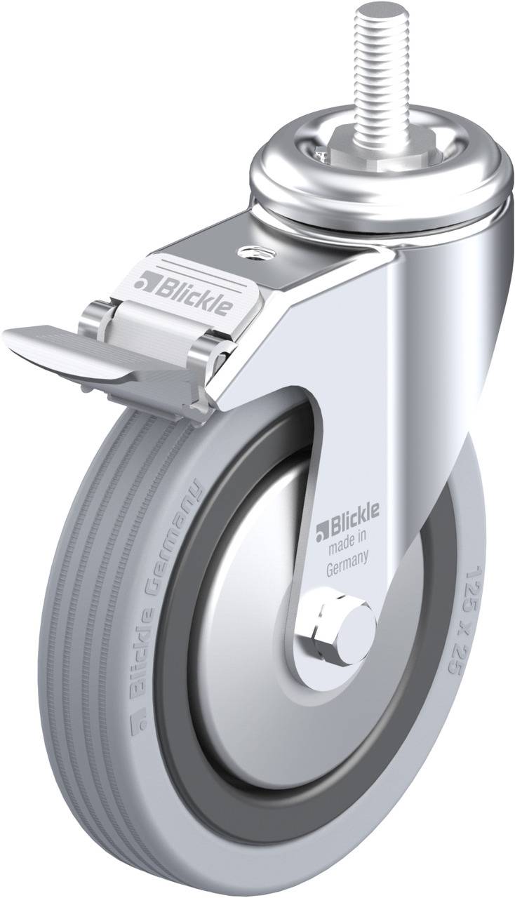Schwerlastrolle mit Bremse und Metallgehäuse, grau, mit dem Logo 'Blickle' und Aufschrift 'made in Germany'.