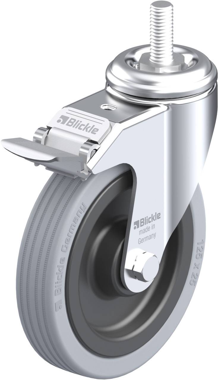 Rollen mit Stahlgehäuse und grauem Rad, geeignet für Möbel oder Transportgeräte.