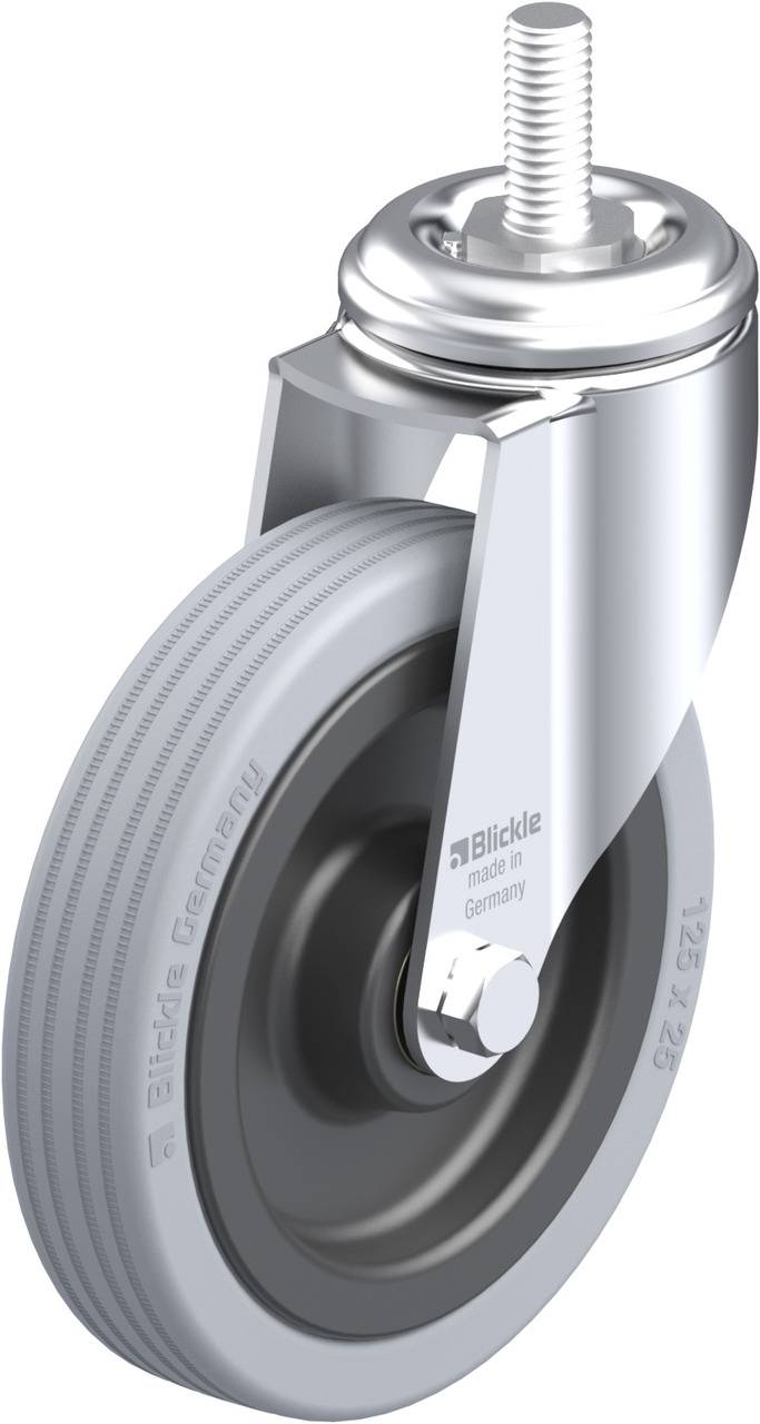 Schwenkrolle mit grauem Rad, Metallhalterung und Schraubbolzen. Geeignet für industrielle Anwendungen. Markenname 'Blickle' erkennbar.
