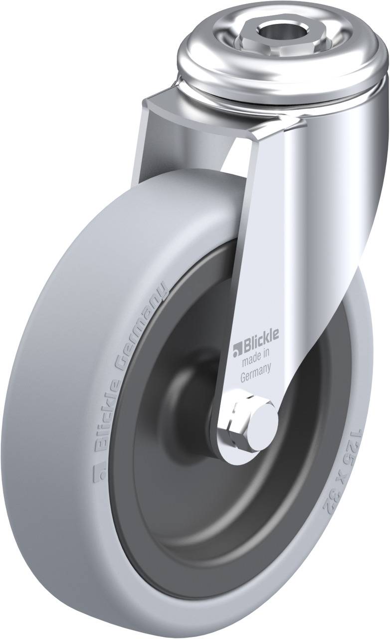 Schwenkrolle mit grauem Rad und Befestigungsplatte, hergestellt in Deutschland von Blickle. Geeignet für Transportwagen oder Möbel.