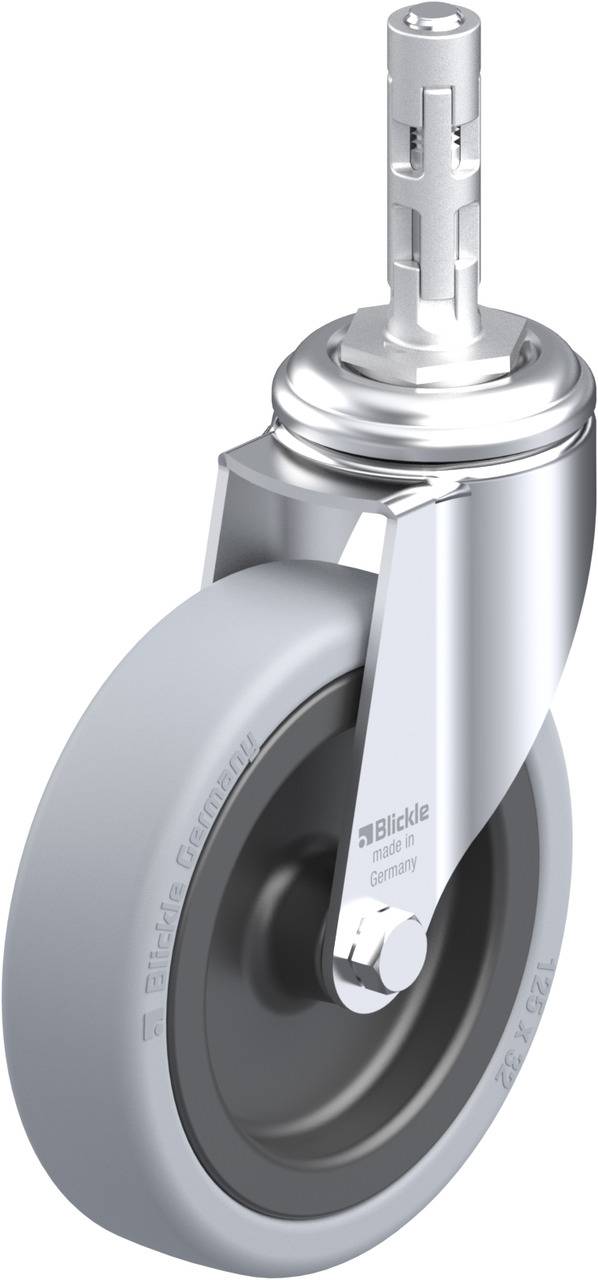 Dieses Bild zeigt ein graues Rollenrad mit Metallhalterung und Drehgelenk, das wahrscheinlich für Möbel- oder Transportanwendungen verwendet wird.