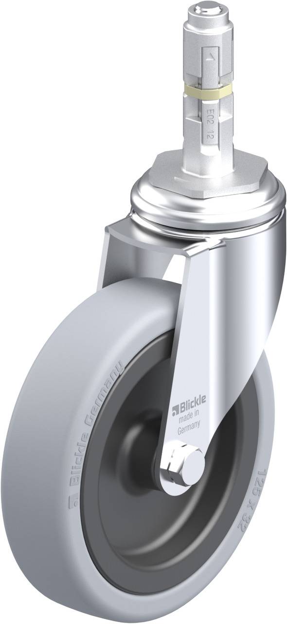 Graues Schwenkrolle mit Metallhalterung, geeignet für industrielle Anwendungen. Die Rolle ist auf einem stabilen Kugellager montiert.