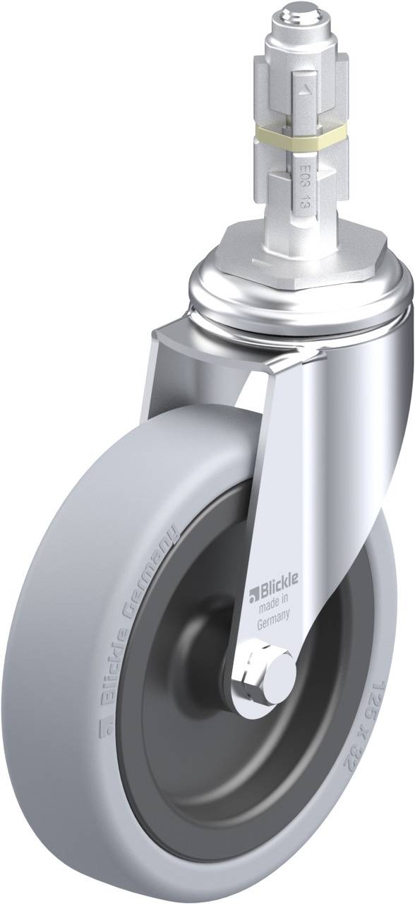 Eine graue, drehbare Industrieleichtlaufrolle mit Metallgehäuse, geeignet für Möbel oder Geräte. Sie hat einen festen Befestigungsstift.