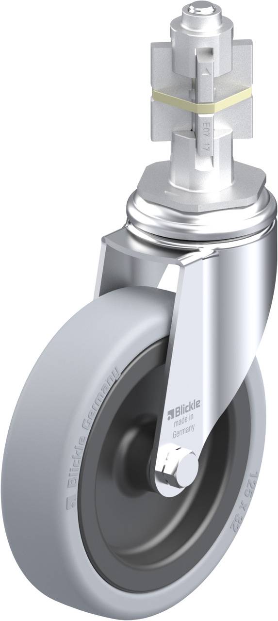 Graues, drehbares Rad mit einer Metallhalterung, verwendet für Möbel oder Geräte. Silberne Achse oben mit Gelenk zur Richtungsänderung.