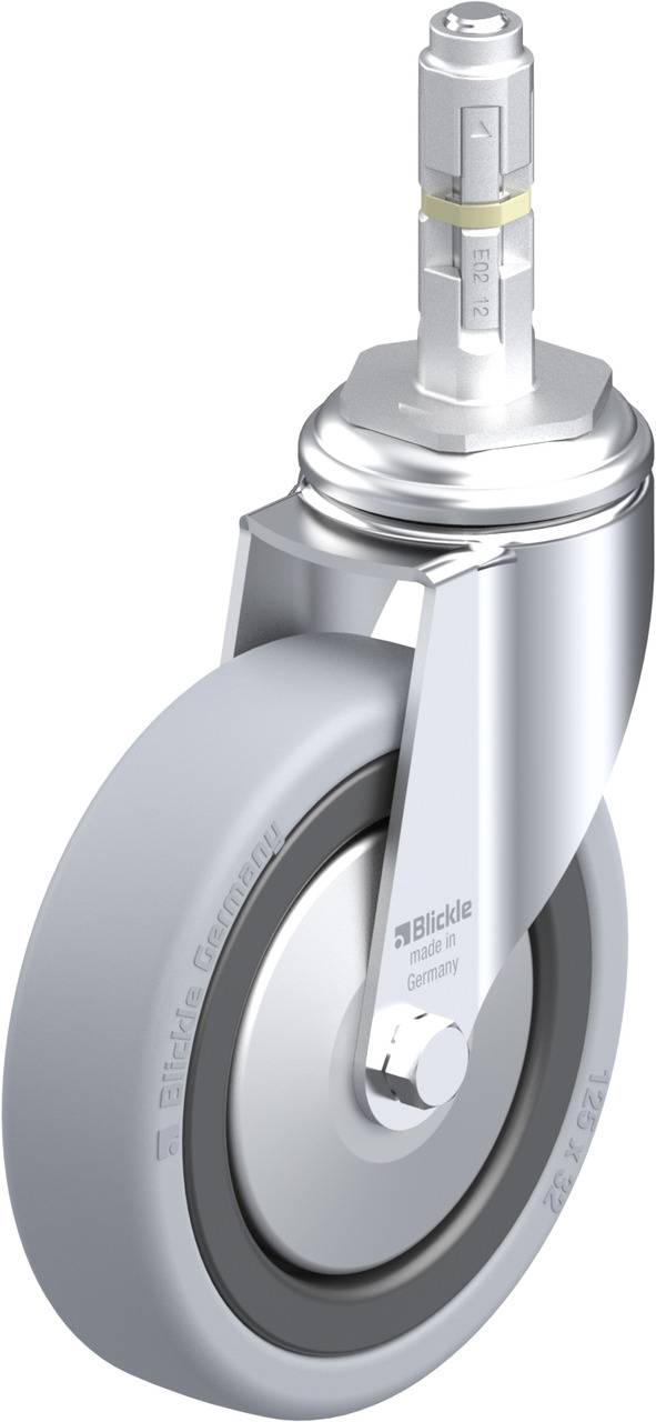 'Graues Lenkrollen-Rad, montiert auf einer silbernen Gabel, mit einem Metallstift oben zur Befestigung. Marke 