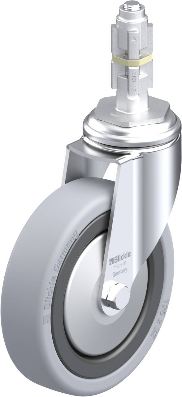 Drehbares Rad mit grauer Gummibereifung und Metallhalterung. Aufschrift auf der Halterung: „Blickle Germany”.