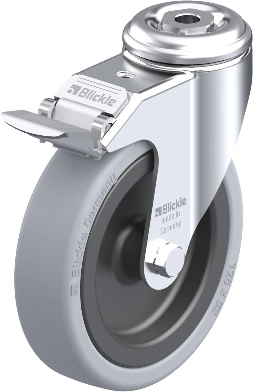 Industrie-Schwenkrolle aus Metall und Gummi mit Halterung, geeignet für Maschinen oder Möbel. Aufschrift 'Blickle made in Germany'.