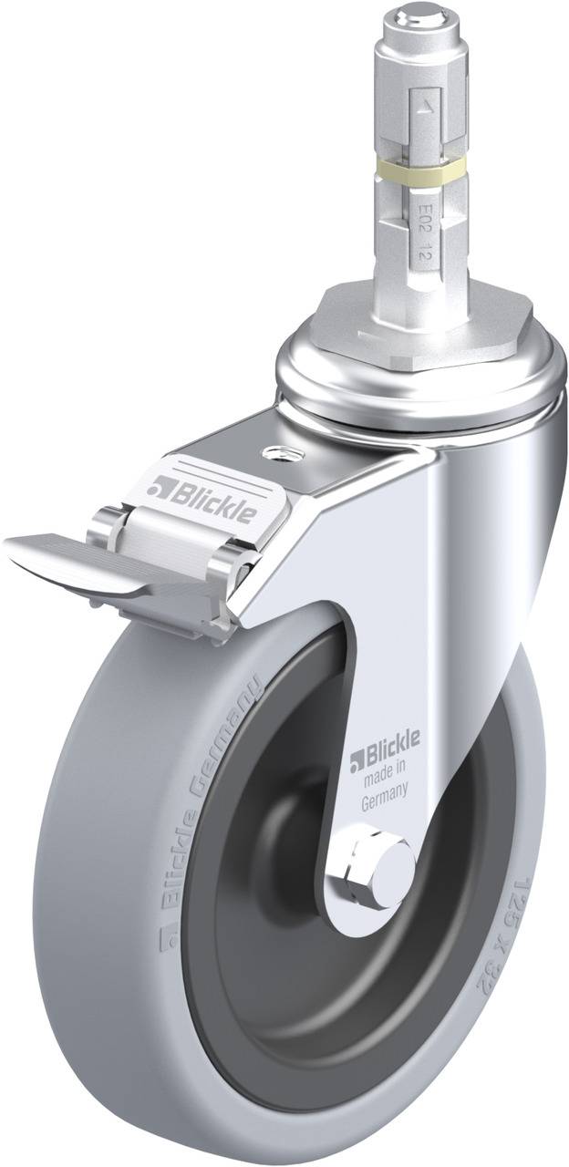 Metallrolle mit grauem Gummi, Bremse und Metallstift. Hauptsächlich für Möbel oder Geräte zur einfachen Bewegung konzipiert.