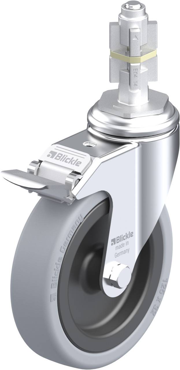 Industrie-Drehrad mit Bremse, silberner Rahmen und graues Rad, markiert mit 'Blickle' für Geräte oder Möbeltransport.