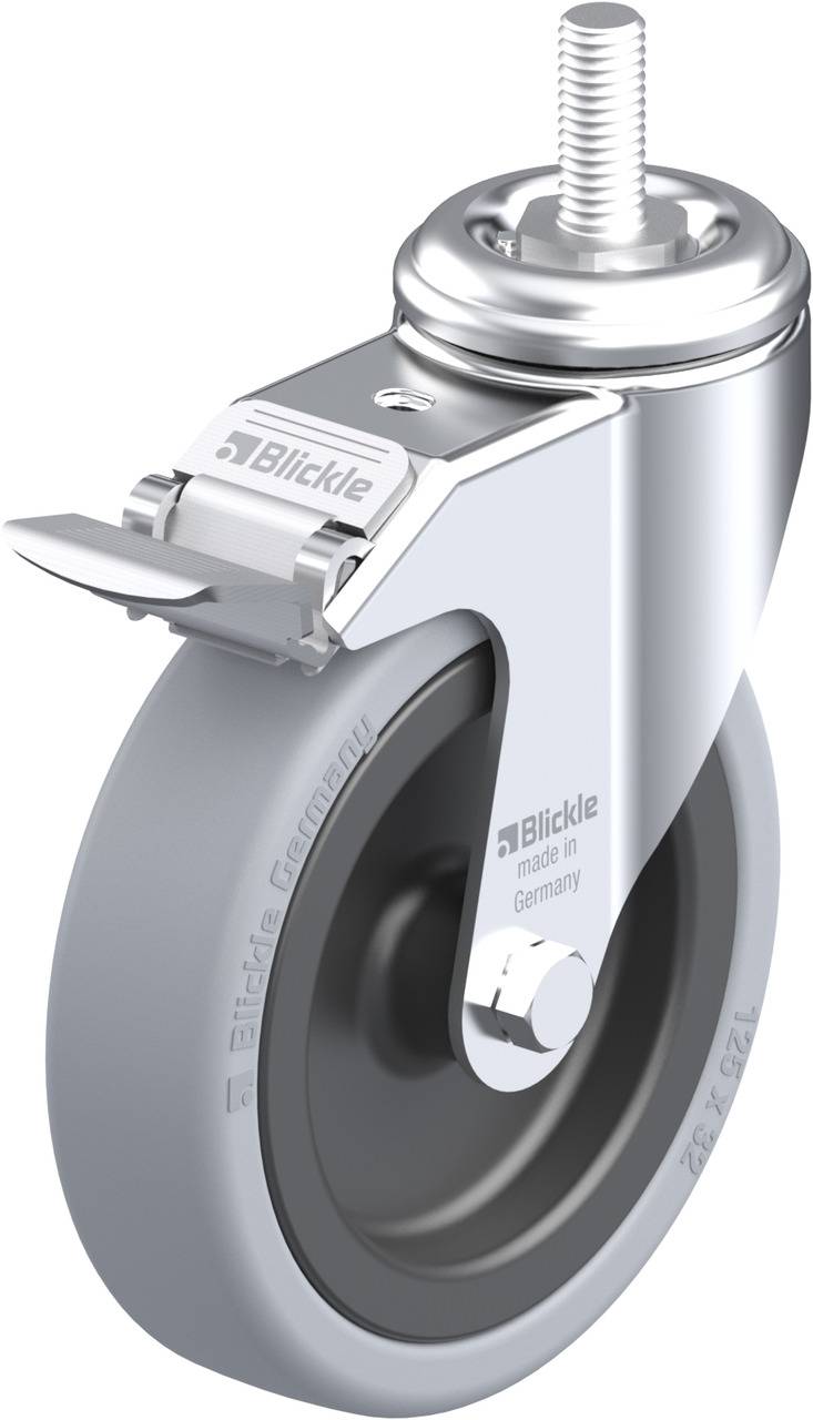 Drehbares Rad mit Bremse und Gewindestift, Beschriftung: Blickle, Made in Germany. Hochwertiges Design für Möbel oder Wagen.