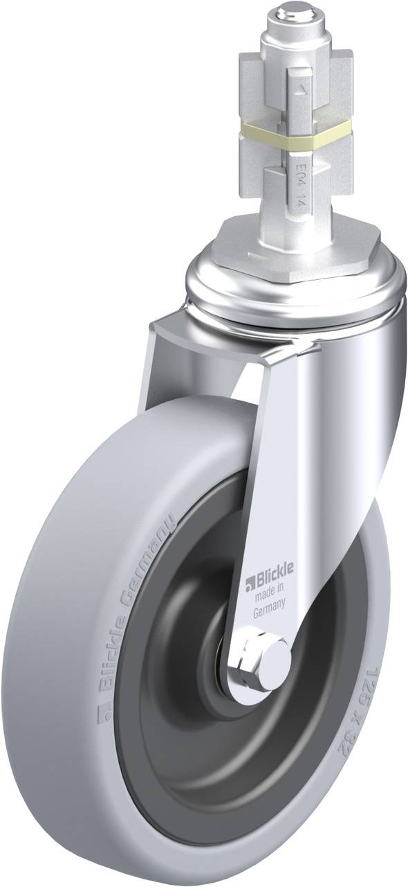 Schwenkrolle mit grauem Rad und robustem Metallgehäuse, geeignet für industrielle Anwendungen oder Möbel.