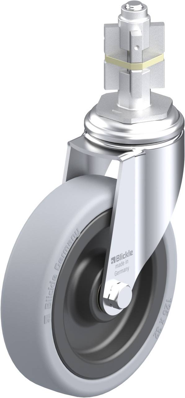 Schwenkrolle mit grauem Rad, Halterung aus Metall. Geeignet für industrielle Anwendungen. Enthält die Aufschrift 'Blickle'.