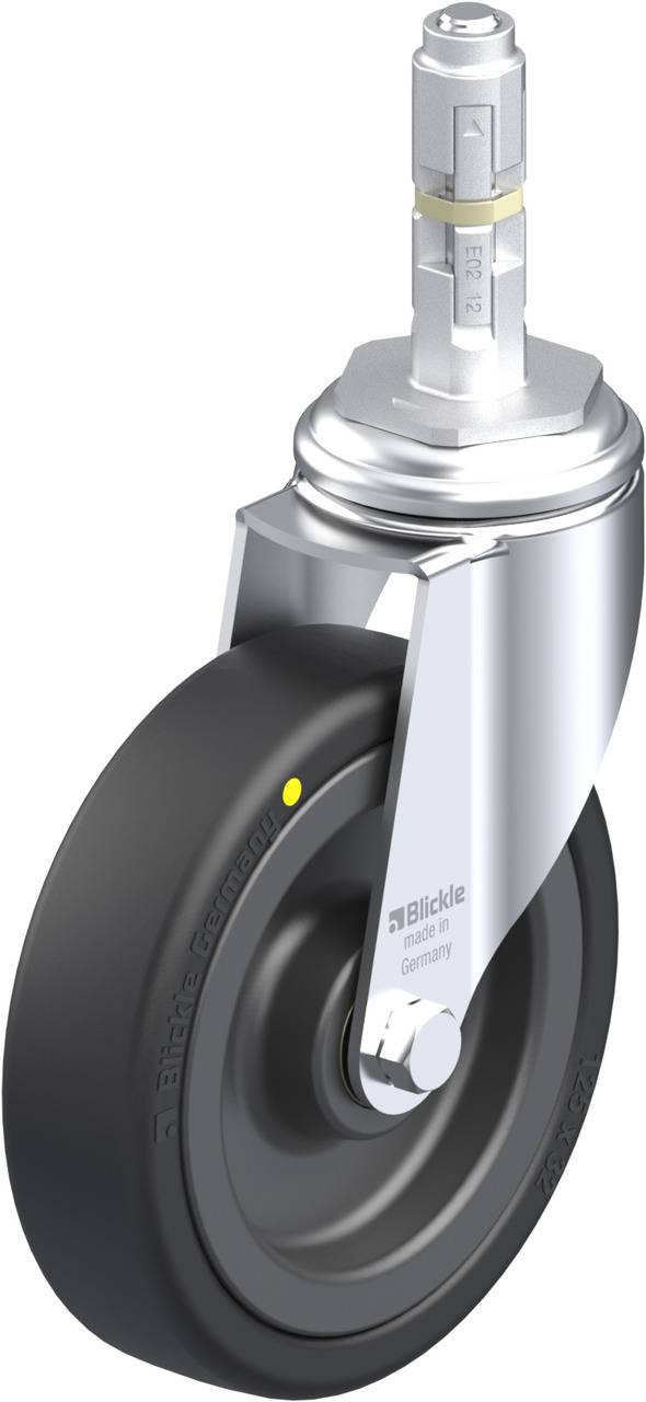 Schwenkrolle mit Gummireifen, glänzendem Metallgehäuse und gelbem Punkt an der Seite. Geeignet für vielseitige Anwendungen.