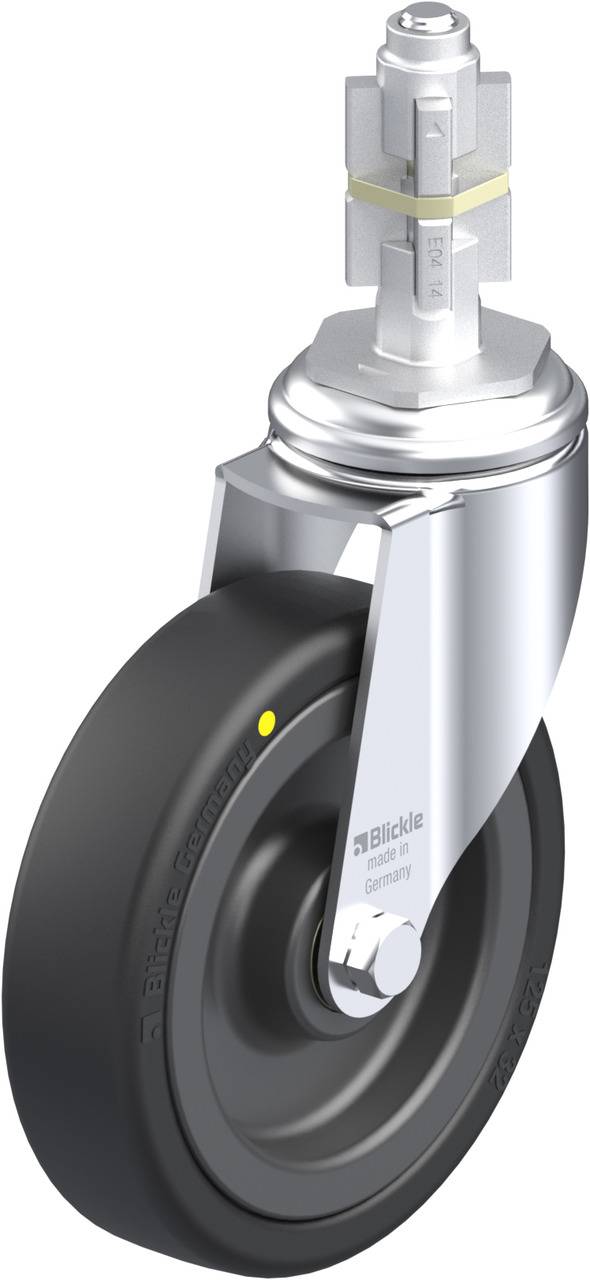 Schwenkrolle aus Metall mit schwarzem Gummi, Metallgehäuse und Stiftbefestigung, geeignet für Transportgeräte.