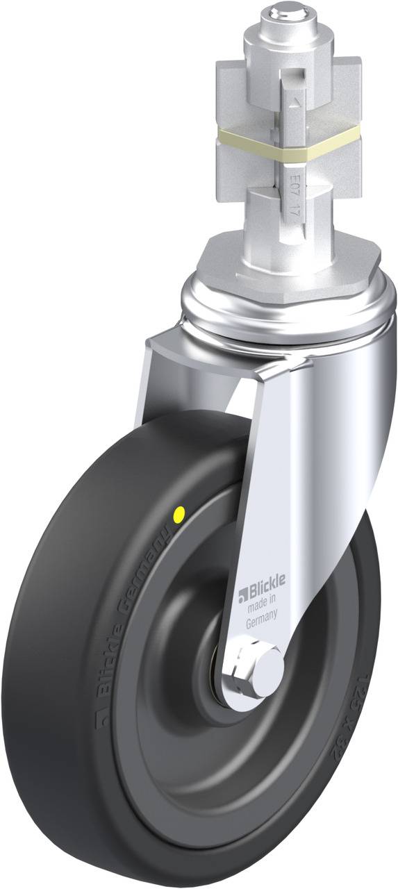 Industrielles Lenkrolle mit schwarzem Rad und silbernem Gehäuse, geeignet für schwere Lasten. Markierung zeigt Belastungsgrenze.